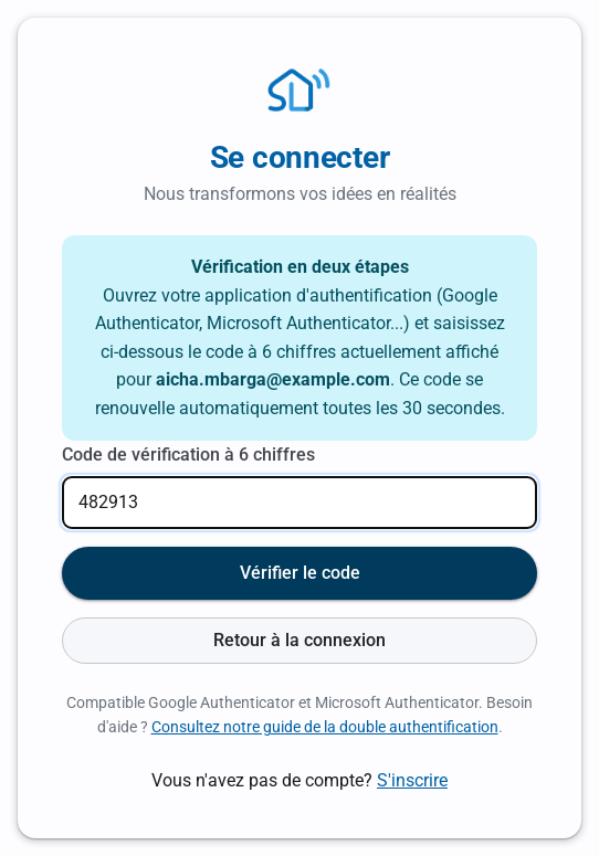 Écran Vérification en deux étapes avec le champ Code de vérification à 6 chiffres