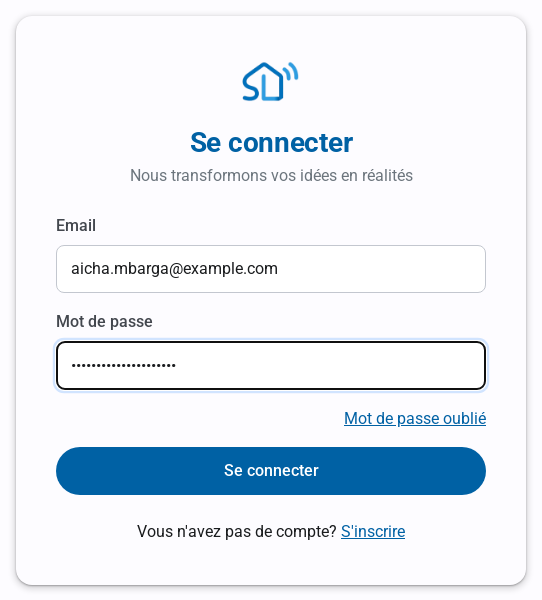 Page Se connecter avec les champs Email et Mot de passe et le lien Mot de passe oublié