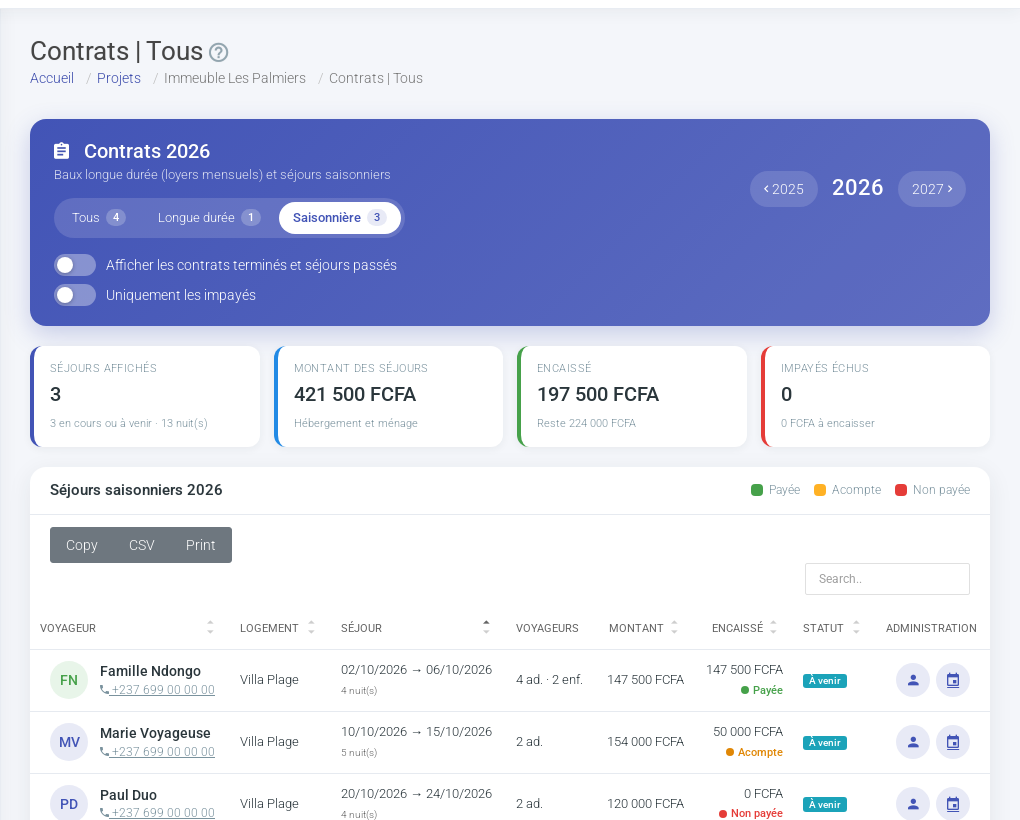 Contracts page, seasonal category