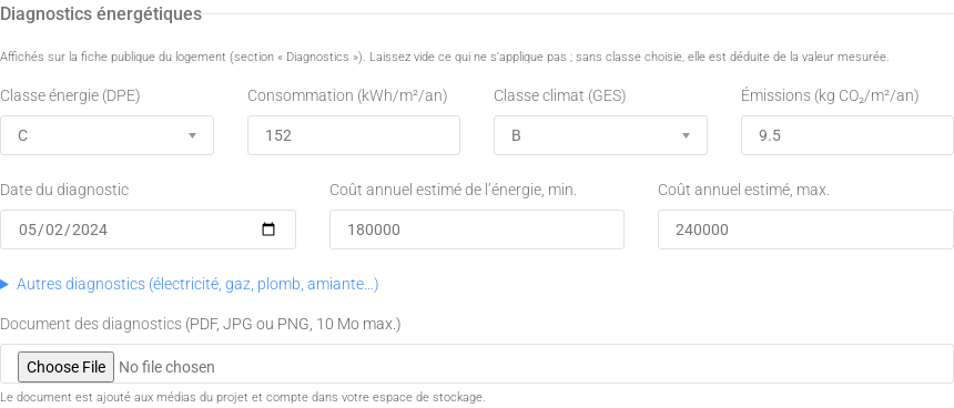 Fenêtre Modifier les paramètres du lot, partie Diagnostics énergétiques : classes DPE et GES, consommation, émissions, date et document joint