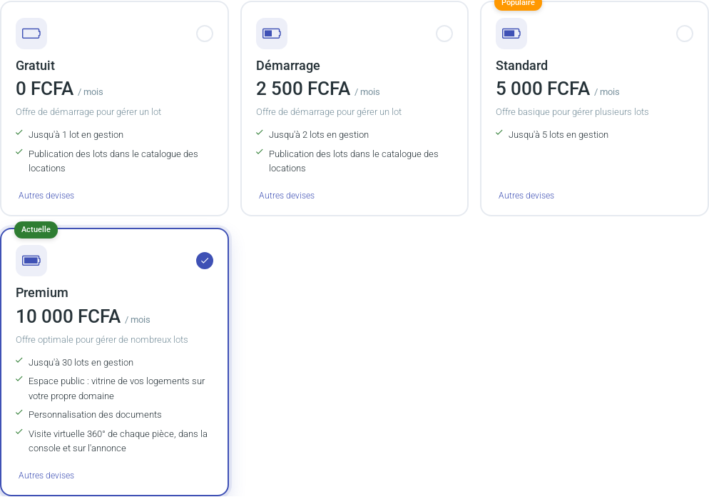 Page de changement de formule : cartes Gratuit, Démarrage, Standard et Premium avec leurs options
