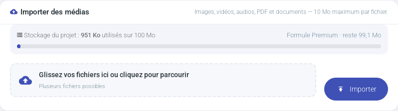 Carte Importer des médias avec la jauge Stockage du projet : espace utilisé, formule et espace restant