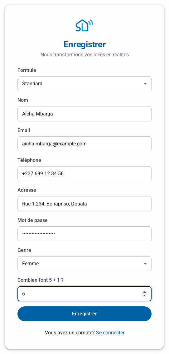 Formulaire d'inscription rempli : formule, nom, e-mail, téléphone, adresse, mot de passe, genre et question de vérification