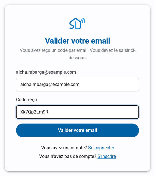 Page Valider votre email avec l'adresse e-mail et le code reçu