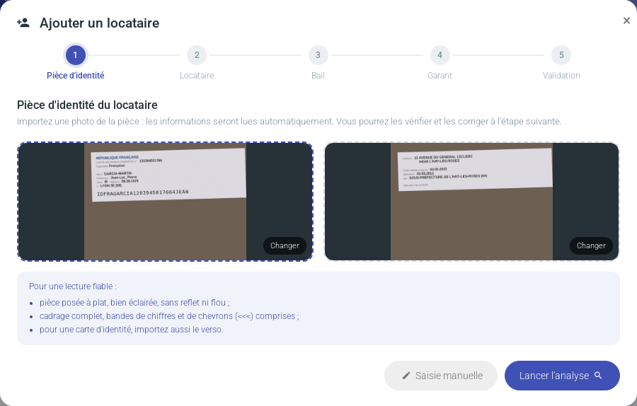 Étape 1 de l'assistant : aperçu du recto et du verso d'une carte d'identité avant l'analyse