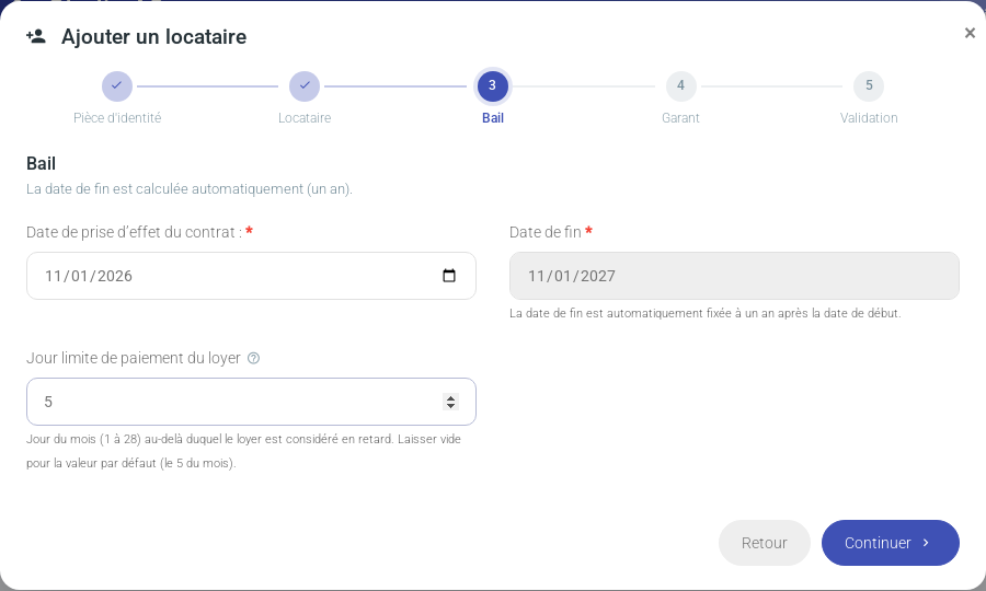 Étape 3 : date de début du bail et jour limite de paiement