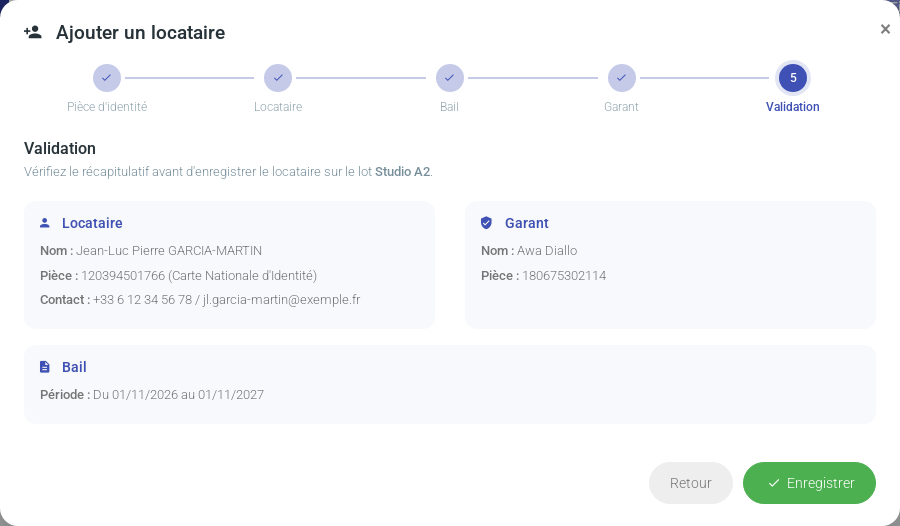Étape 5 : récapitulatif du locataire, du garant et du bail avant enregistrement