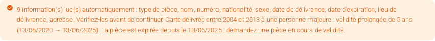Avertissement : validité prolongée de 5 ans puis pièce expirée