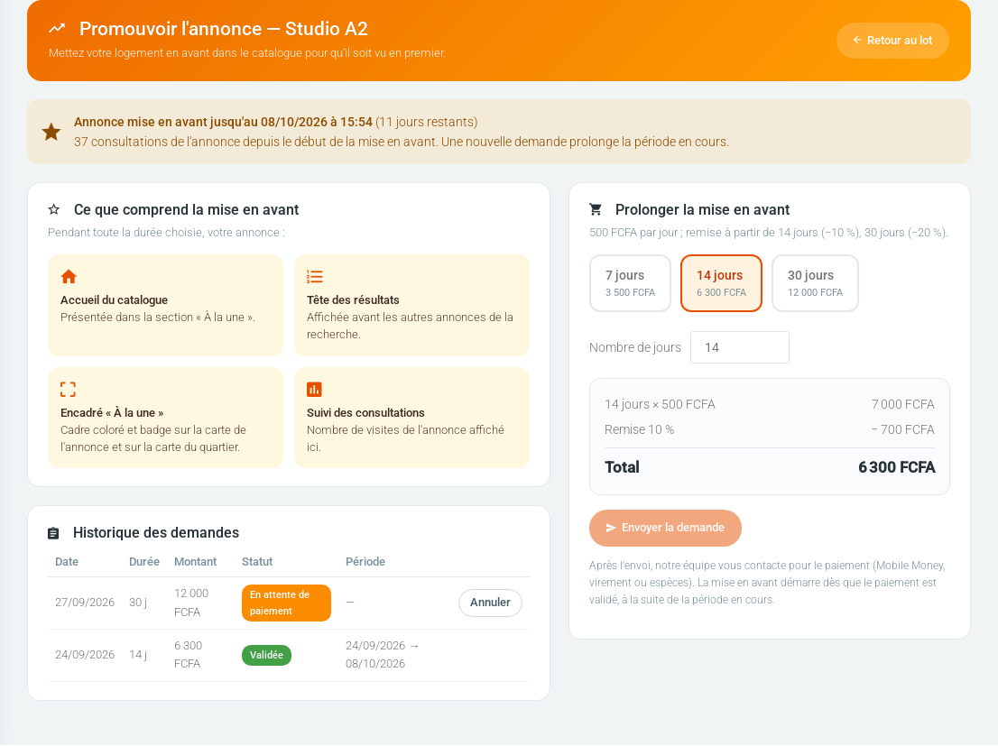 Page Promouvoir l'annonce : état de la mise en avant, avantages, choix de la durée, total et historique des demandes