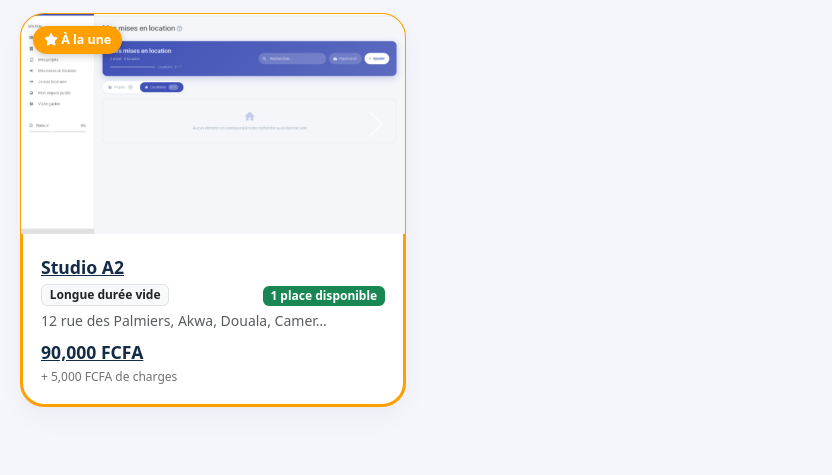 Carte d'une annonce mise en avant dans les résultats : cadre orange et badge À la une