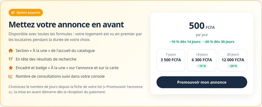 Section Mettez votre annonce en avant de la page des tarifs : prix par jour, remises et exemples de durées