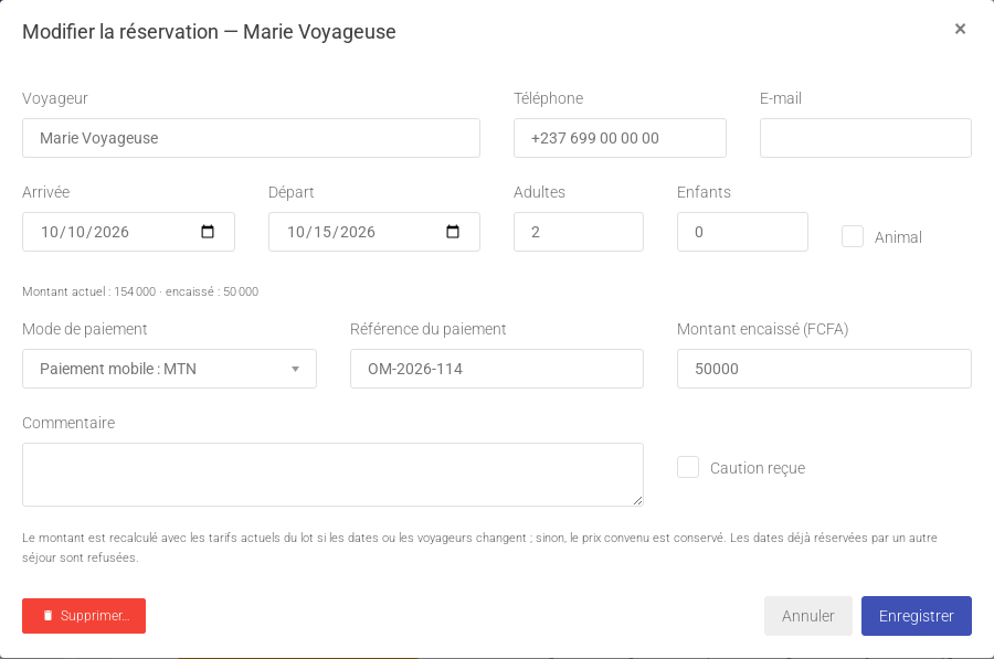 Edit booking window