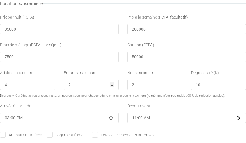 Seasonal part of the unit settings window