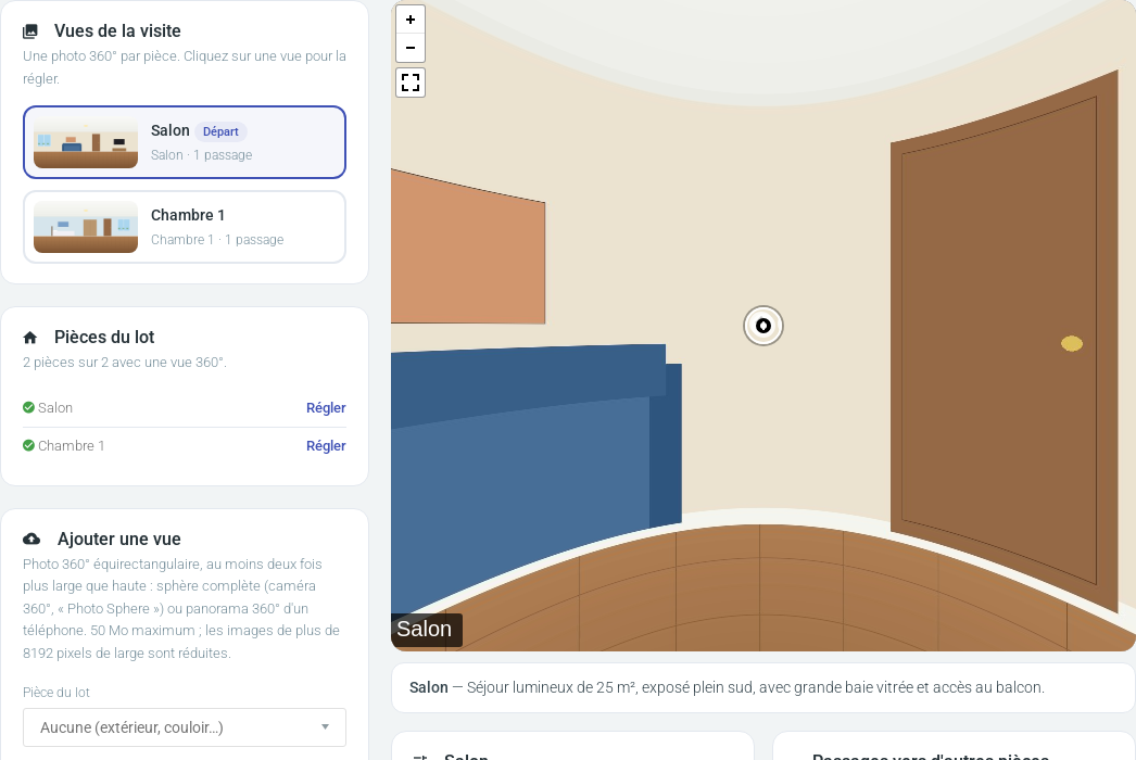Page Visite virtuelle 360° : liste des vues, pièces du lot, formulaire d'import et visite du salon avec sa description