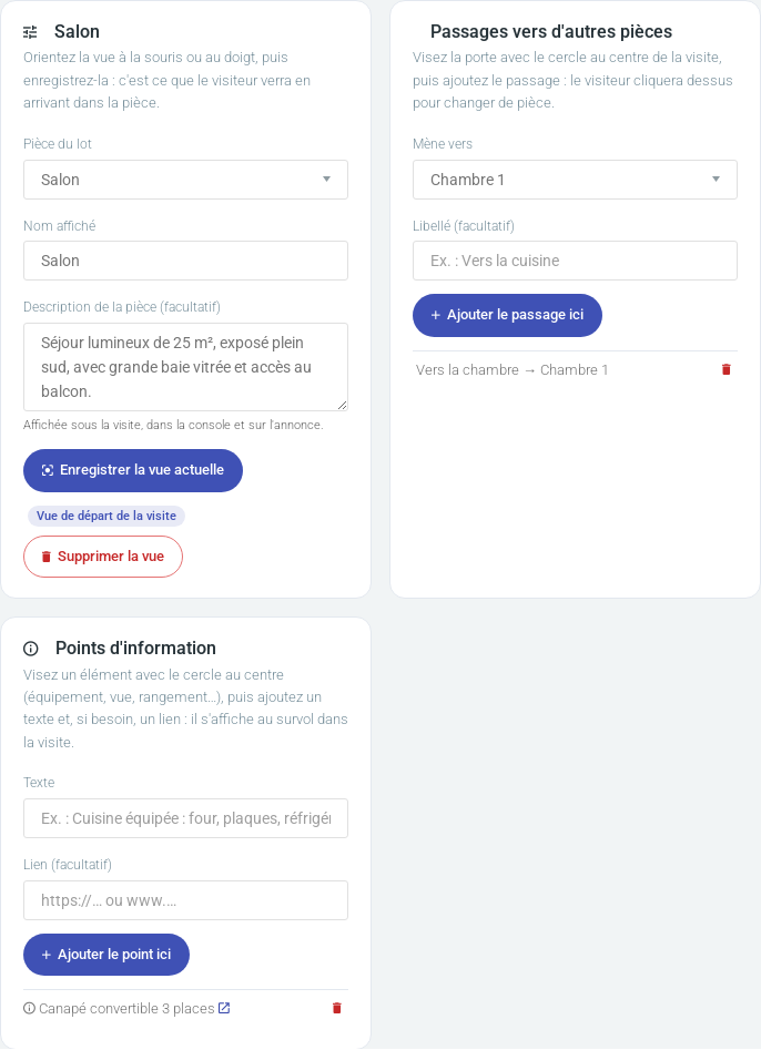 Blocs de réglage de la vue, des passages et des points d'information